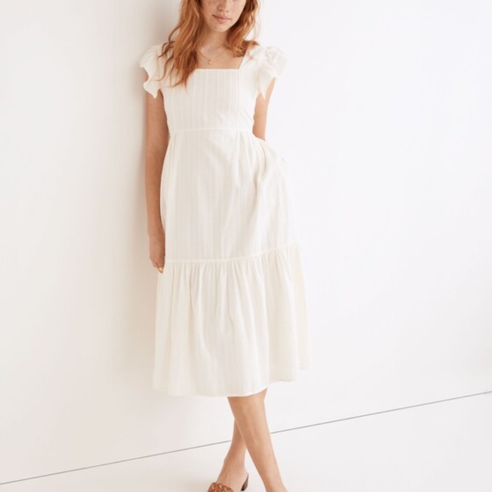 Ruffle-Strap Tiered Midi Dress in Textural Stripe